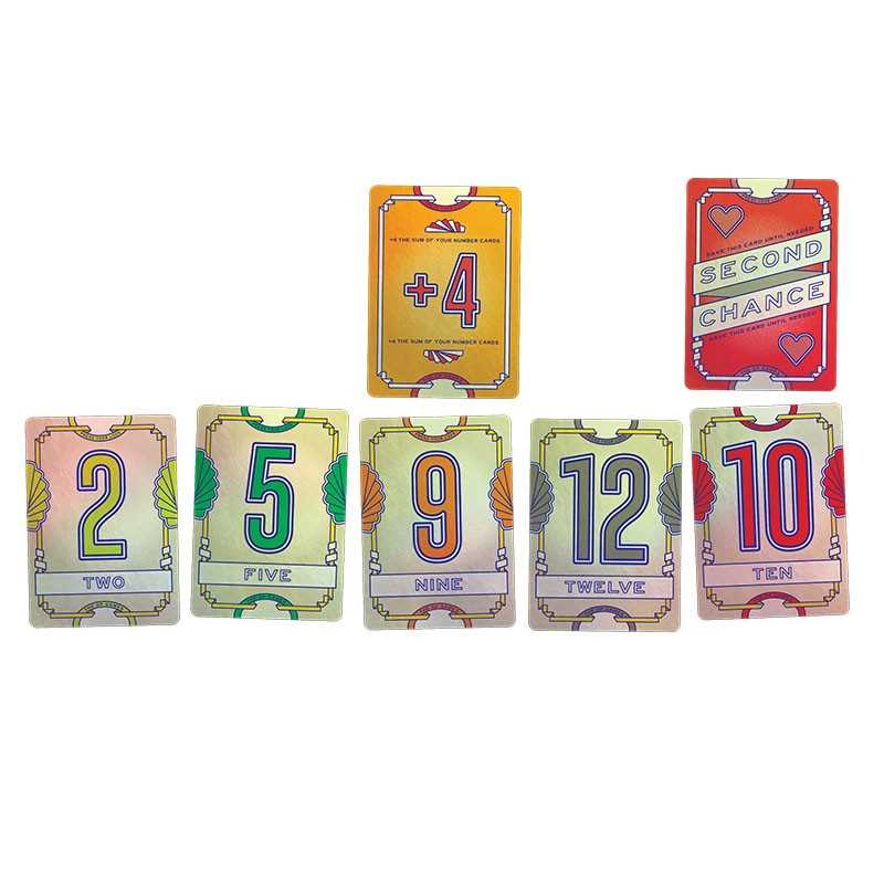 Set of colorful card game tokens with numbers and text on a white background