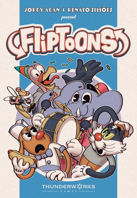 Cover of 'Fliptoons' with cartoon characters and Thunderworks Games logo