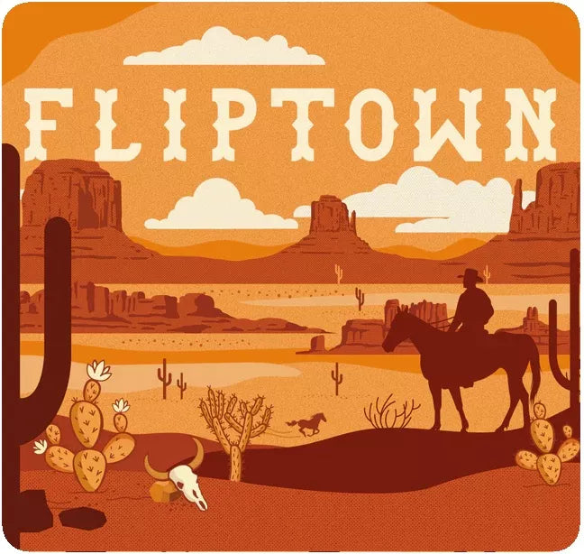 Desert landscape with a cowboy on horseback and the word 'FLIPTOWN' in the center.