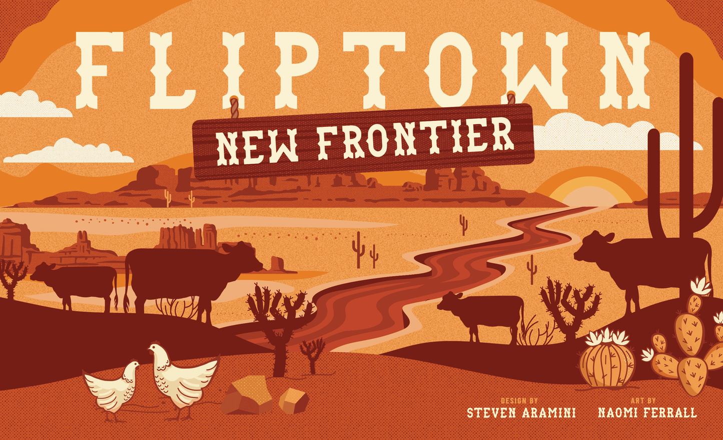 Illustrated desert scene with 'Fliptown New Frontier' sign and animals.
