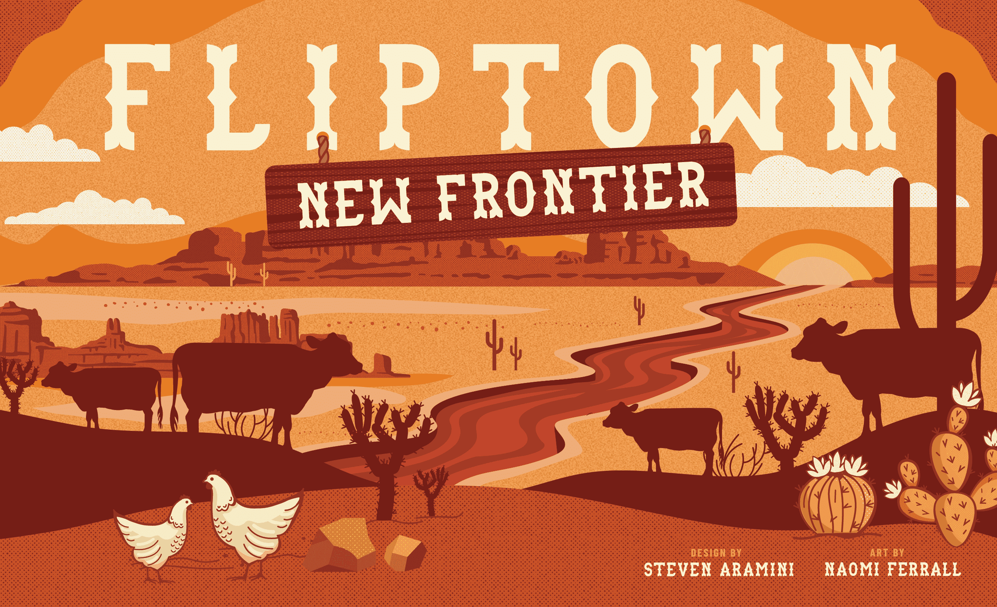 Illustrated desert scene with 'Fliptown New Frontier' sign and animals.