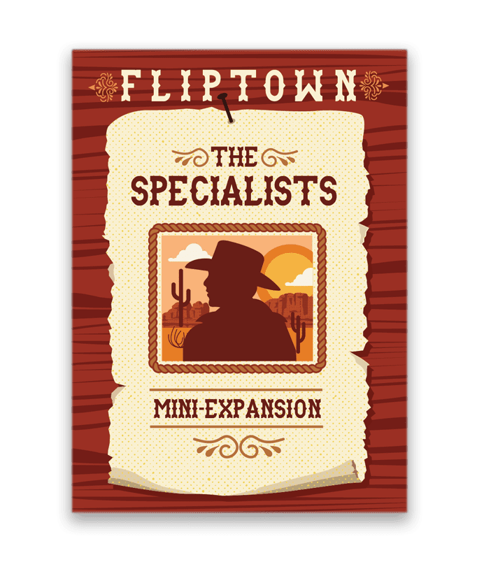 Fliptown The Specialists mini-expansion packaging with cowboy silhouette and desert scene.
