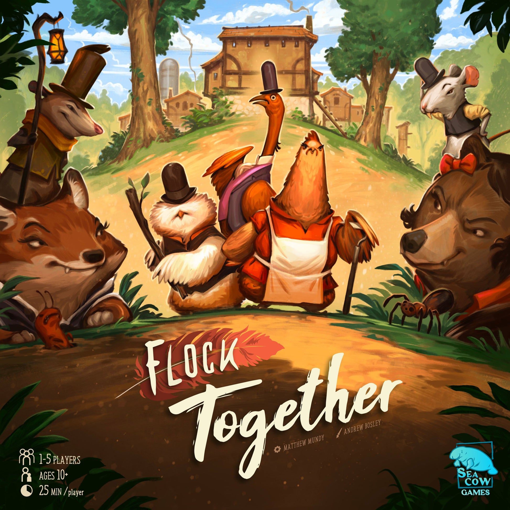 Board game cover titled 'Flock Together' featuring animated animal characters in a village setting.