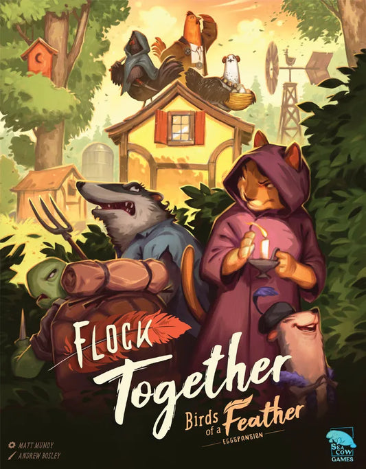 Board game cover titled 'Flock Together: Birds of a Feather' with characters and cabin in the background.