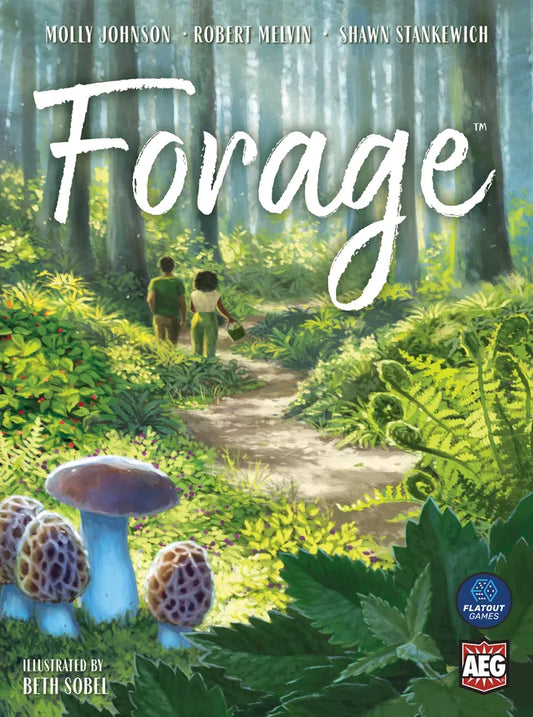 Cover of 'Forage' with two people walking through a forest, mushrooms, and game logo.