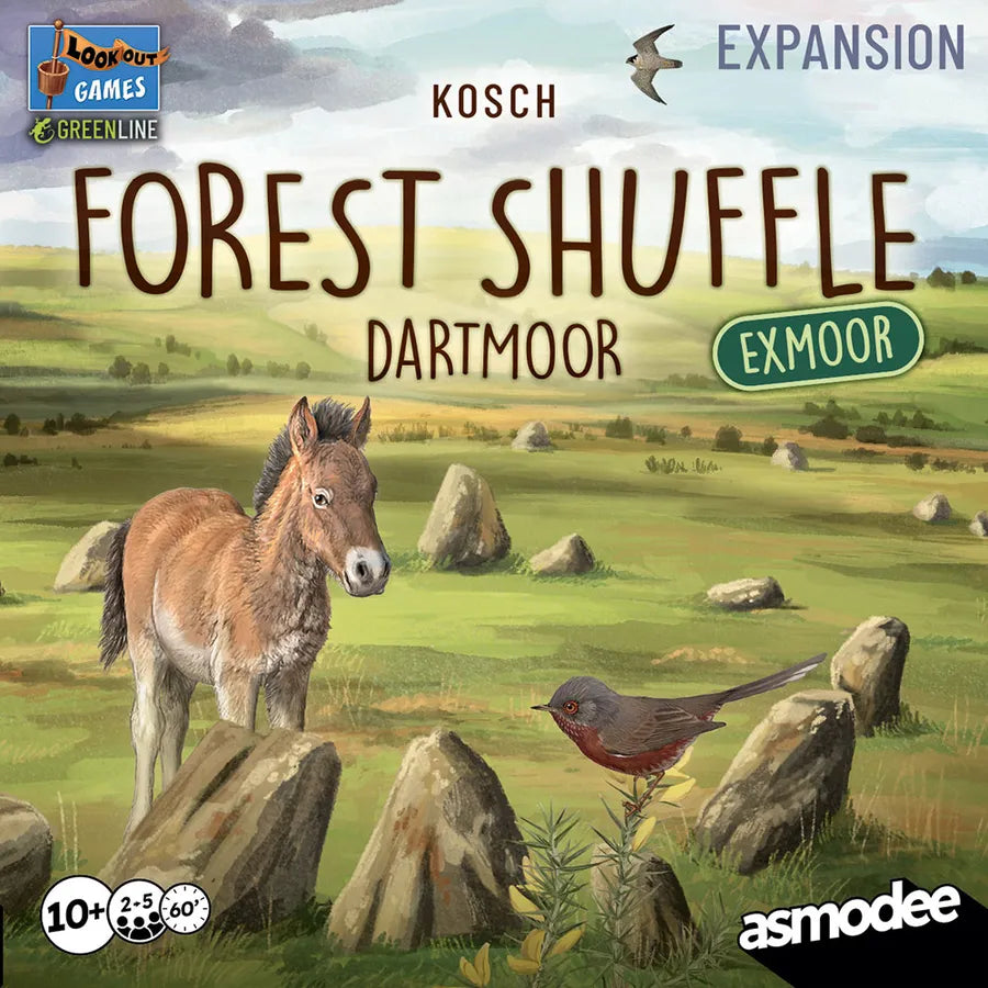 Board game expansion cover for 'Forest Shuffle Dartmoor Exmoor' by Lookout Games and Greenline, featuring a horse and bird in a natural setting.