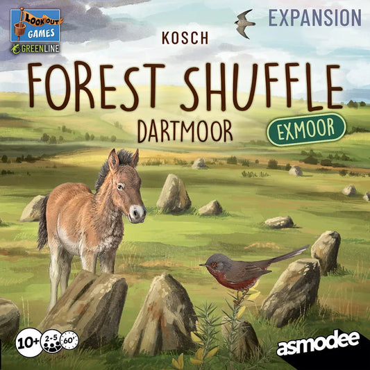 Board game expansion cover for 'Forest Shuffle Dartmoor Exmoor' by Lookout Games and Greenline, featuring a horse and bird in a natural setting.