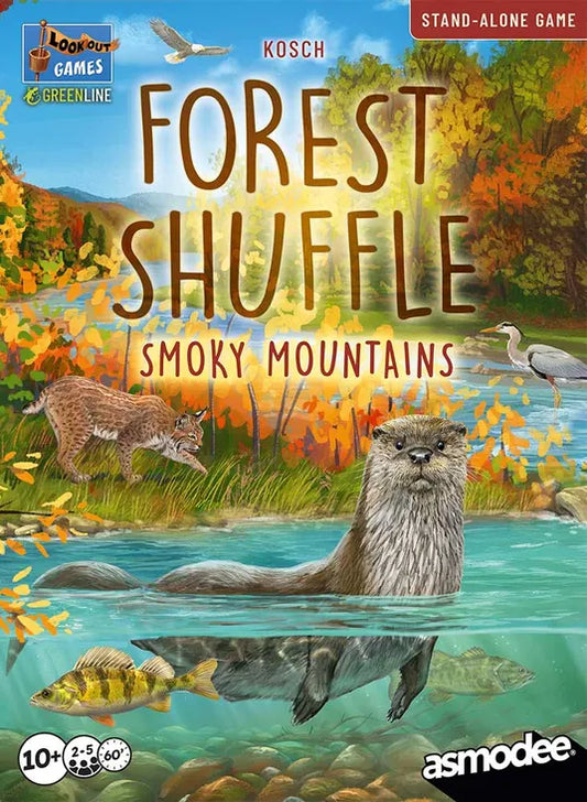 Board game box for 'Forest Shuffle Smoky Mountains' by Kosch with nature-themed illustration and Asmodee branding.