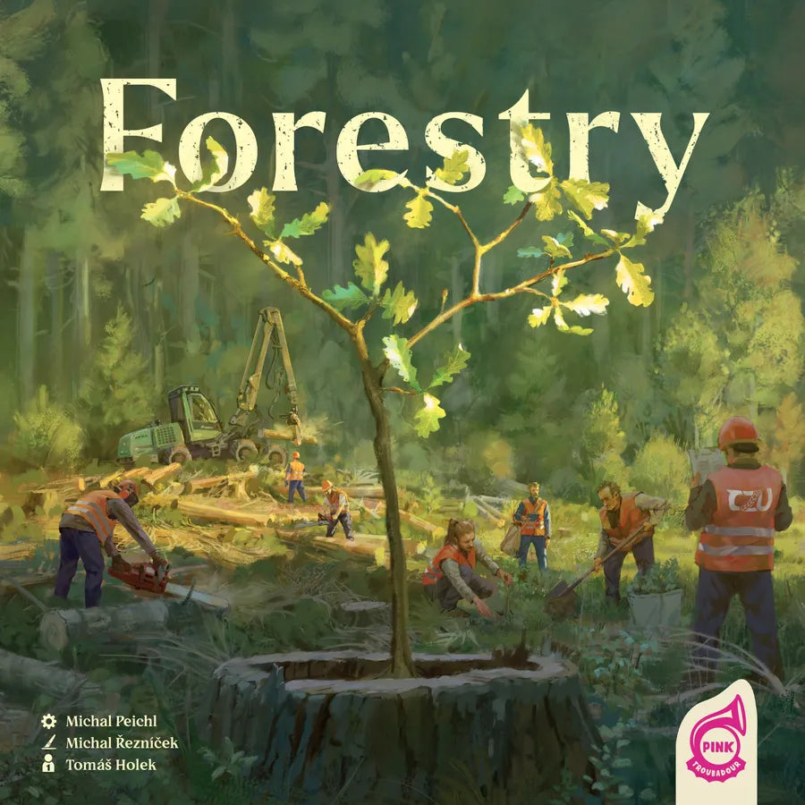Cover of a forestry-themed book or game with people working in a forest and machinery.