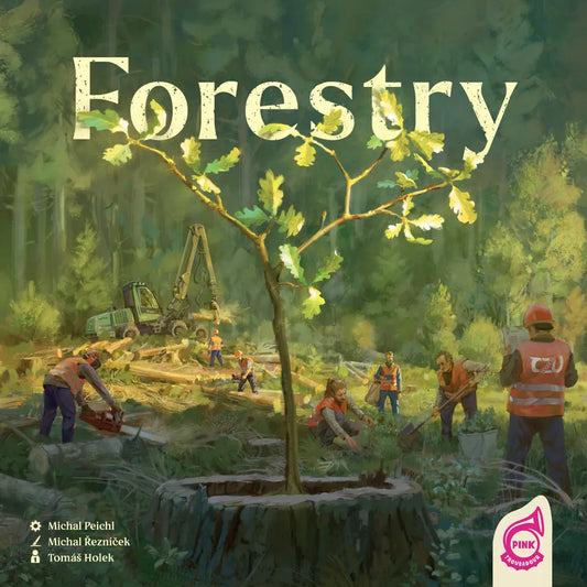 Cover of a forestry-themed book or game with people working in a forest and machinery.