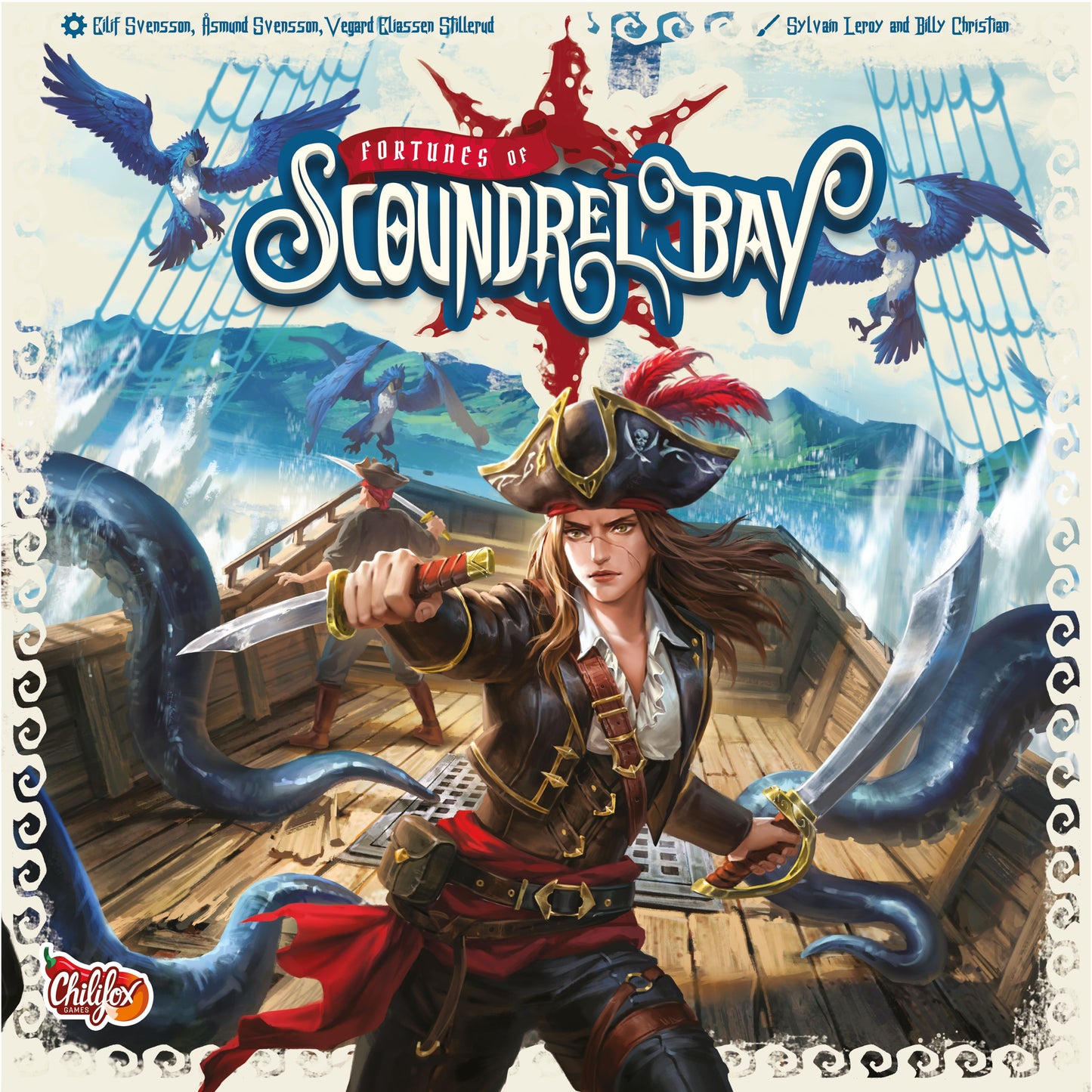 Board game cover titled 'Fortunes of Scoundrel Bay' featuring a pirate on a ship with an octopus.
