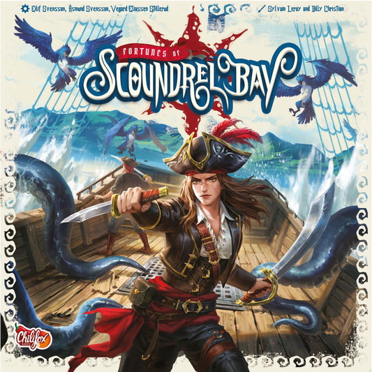 Board game cover titled 'Fortunes of Scoundrel Bay' featuring a pirate on a ship with an octopus.