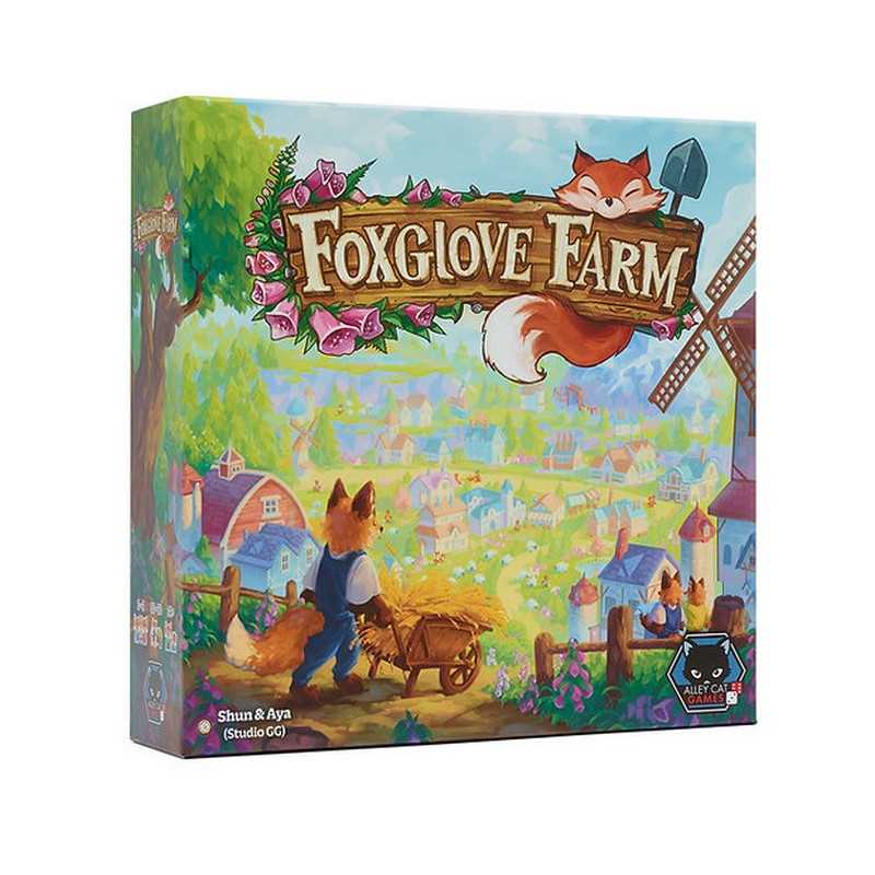 The board game box for 'Foxglove Farm' by Shawn & Alyn, published by Paragon. The packaging features a colorful, whimsical illustration of a fox farmer pushing a cart next to a windmill, with the game title displayed prominently at the top.