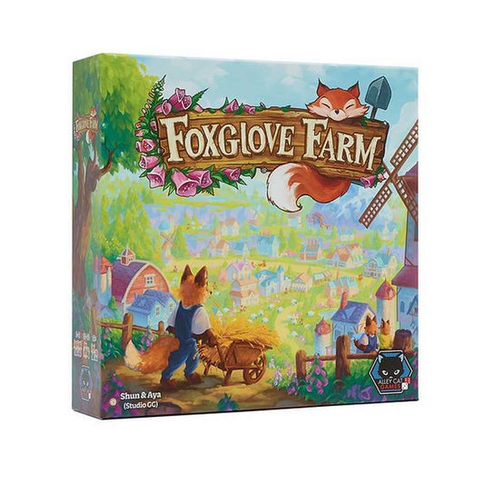 The board game box for 'Foxglove Farm' by Shawn & Alyn, published by Paragon. The packaging features a colorful, whimsical illustration of a fox farmer pushing a cart next to a windmill, with the game title displayed prominently at the top.