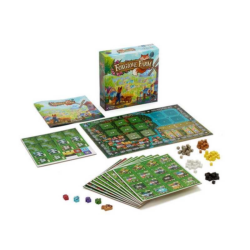 Board game set with 'Foxglove Farm' packaging on a white background