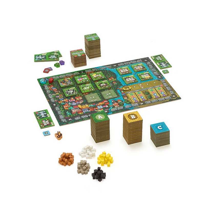Board game set with pieces and components on a white background