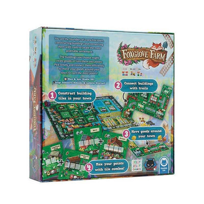 Front and side views of the Foxglove Farm board game box, showcasing the colorful illustrated board, game instructions, and character icons on a white background.