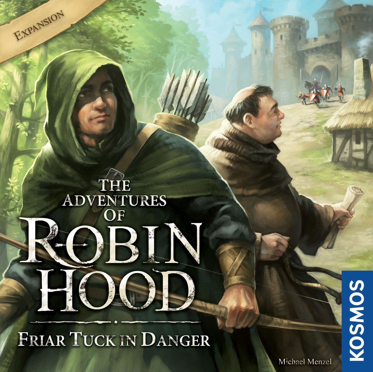 Board game box cover for 'The Adventures of Robin Hood: Friar Tuck in Danger' by Kosmos. The artwork shows a hooded Robin Hood figure in the foreground and another robed figure beside him, with medieval towers and a forest path in the background.