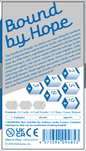 Card game packaging for 'Bound by Hope' with text and graphics on a white background
