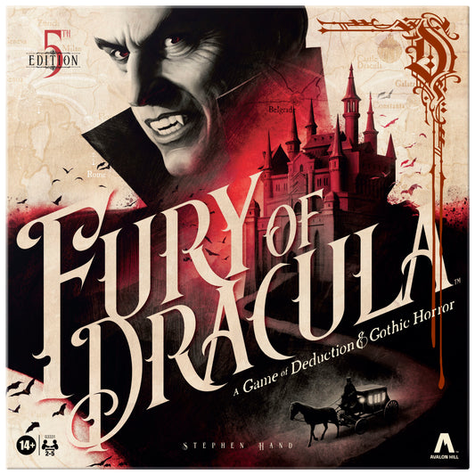 Board game box for 'Fury of Dracula' with a vampire face and gothic castle design.