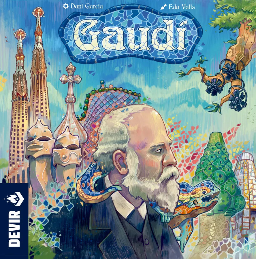 Board game cover featuring Antoni Gaudi with colorful architecture and 'Gaudi' branding.