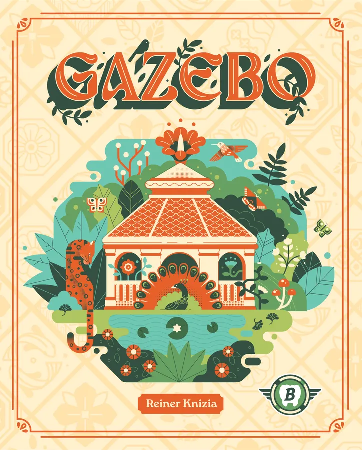 Gazebo board game cover with decorative elements and 'B' logo