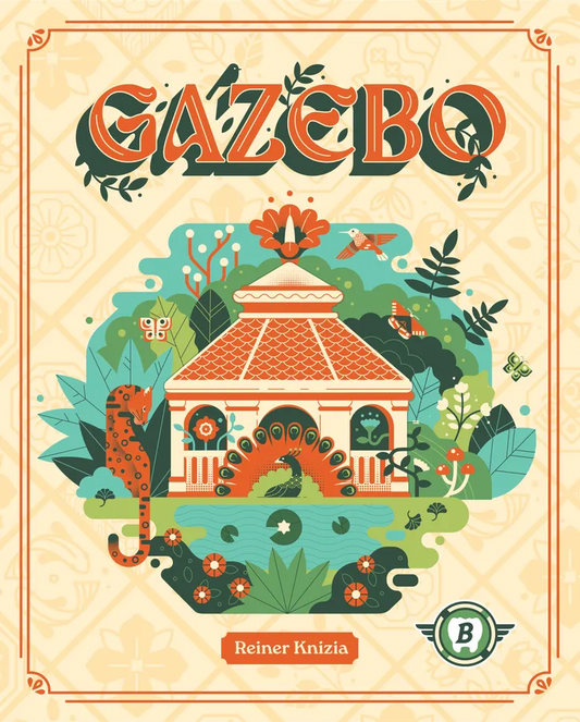 Gazebo board game cover with decorative elements and 'B' logo