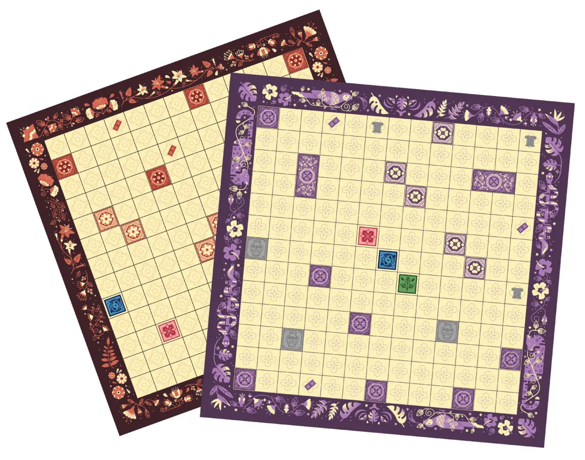 Two decorative checkers boards with intricate designs on a white background