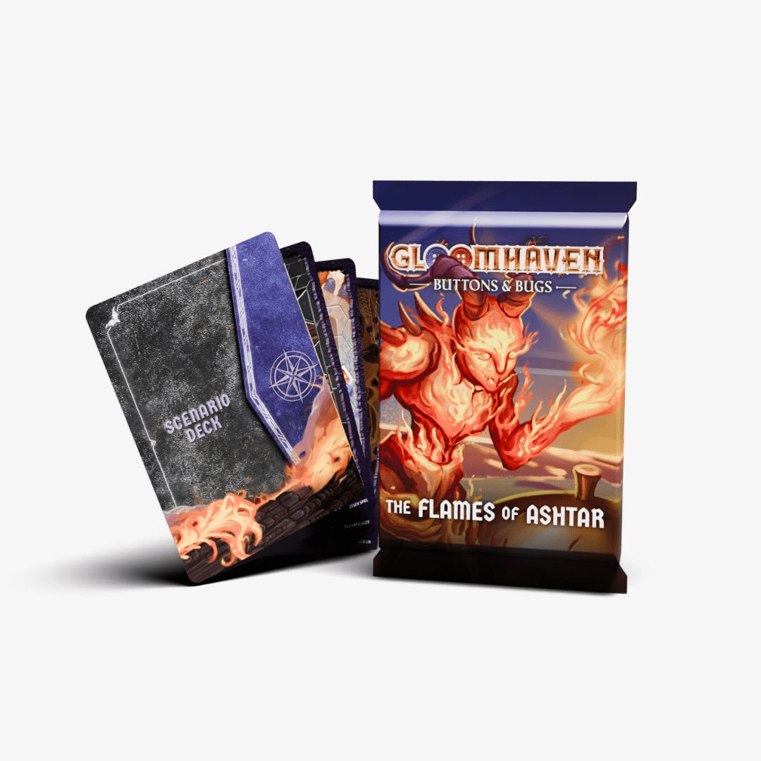 Gloomhaven game components including a scenario deck and 'The Flames of Ashtar' pack on a white background