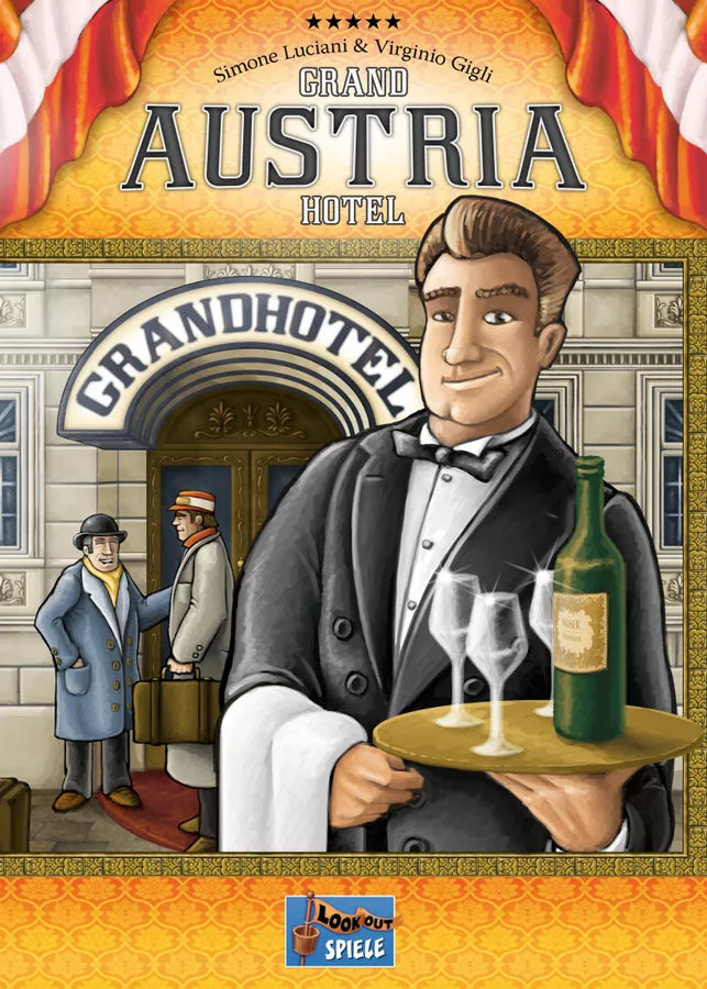 Cover of 'Grand Austria Hotel' board game with a waiter illustration and game logo.