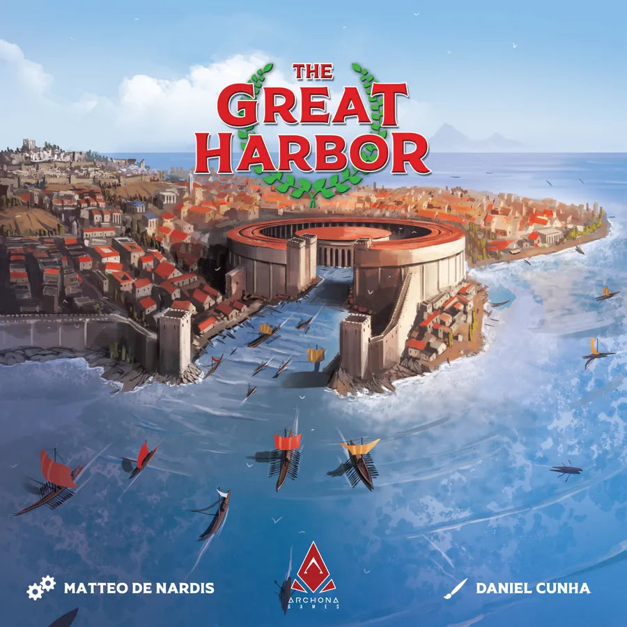 Board game cover for 'The Great Harbor' by Asmodeus Games, featuring an illustrated ancient coastal city with ships on a blue sea under a light blue sky.