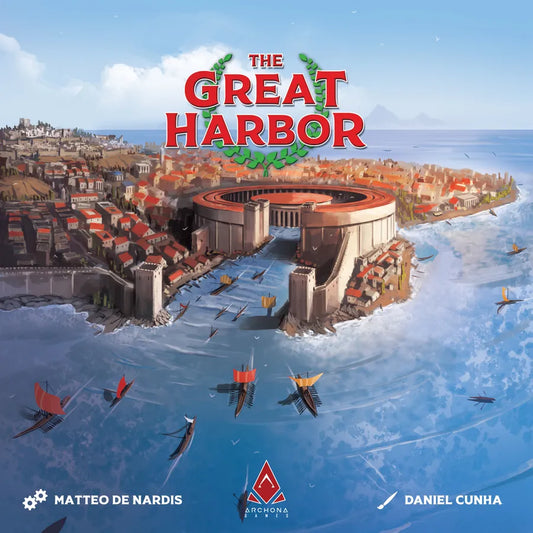 Board game cover for 'The Great Harbor' by Asmodeus Games, featuring an illustrated ancient coastal city with ships on a blue sea under a light blue sky.