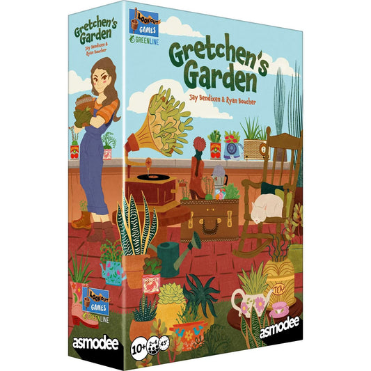 Board game box for 'Gretchen's Garden' by asmodee on a white background