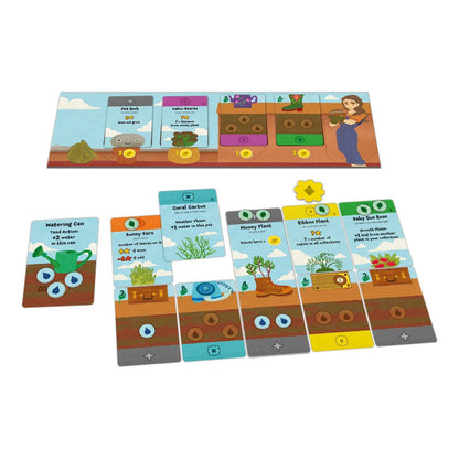 Board game components including cards and a board with gardening-themed illustrations on a white background.