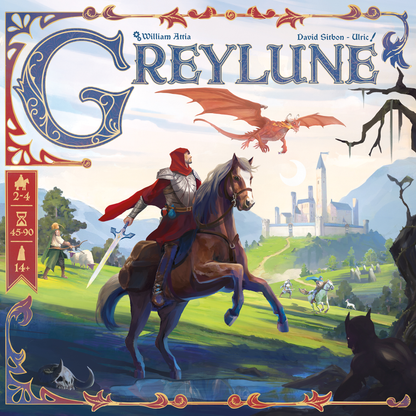 Board game box cover for Greylune, featuring an illustrated fantasy scene with a knight in red riding a brown horse, a red dragon flying overhead, a castle in the distance, and ornate blue title lettering at the top.