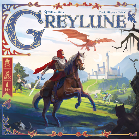 Board game box cover for Greylune, featuring an illustrated fantasy scene with a knight in red riding a brown horse, a red dragon flying overhead, a castle in the distance, and ornate blue title lettering at the top.