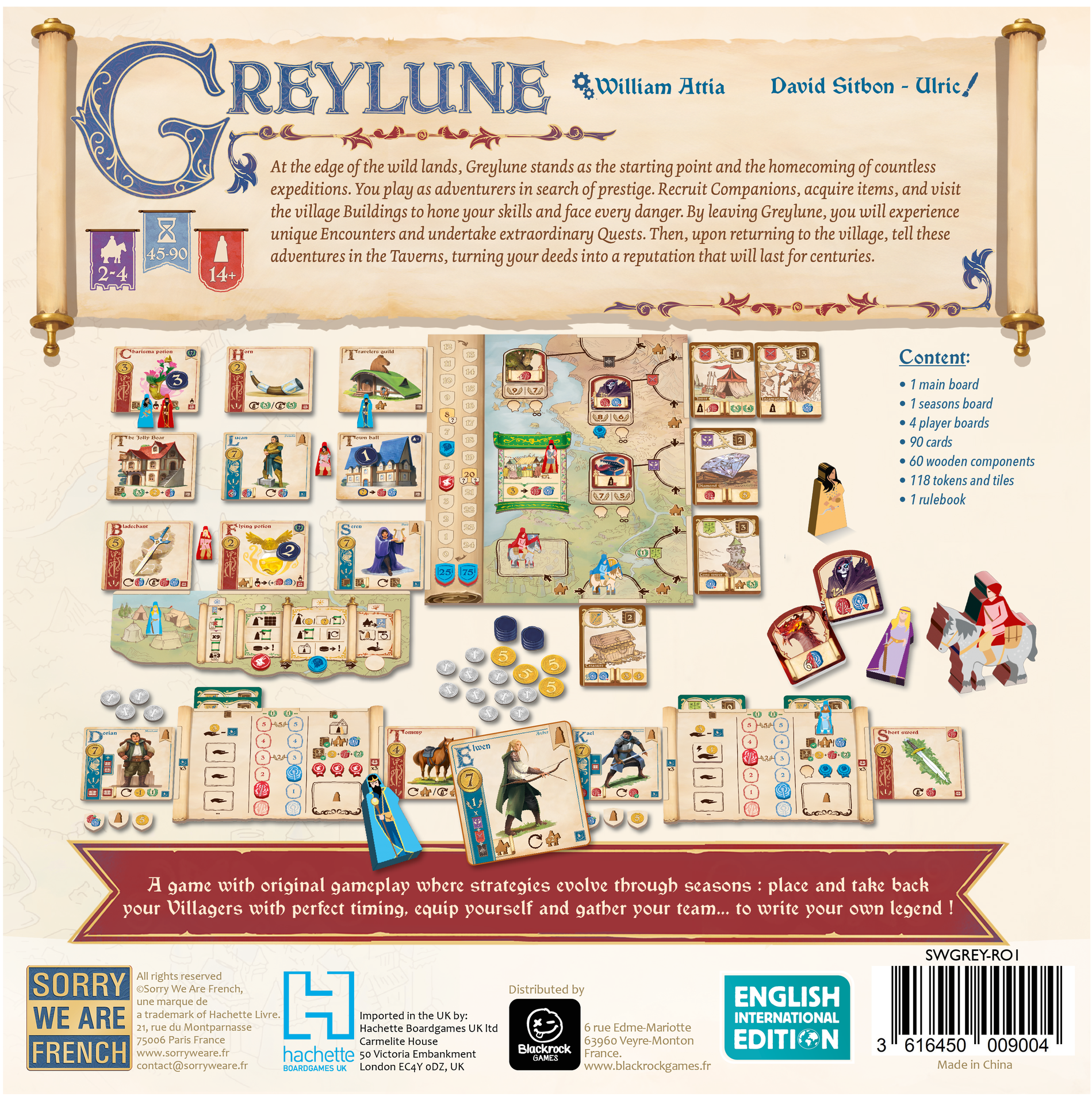 Back cover of the board game Greyline, showing illustrated game components, rules text, player info, and a barcode on a white background.