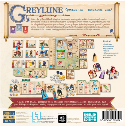 Back cover of the board game Greyline, showing illustrated game components, rules text, player info, and a barcode on a white background.