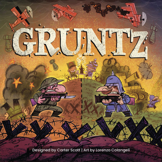 Cover of 'Gruntz' with cartoon soldiers and a fiery background