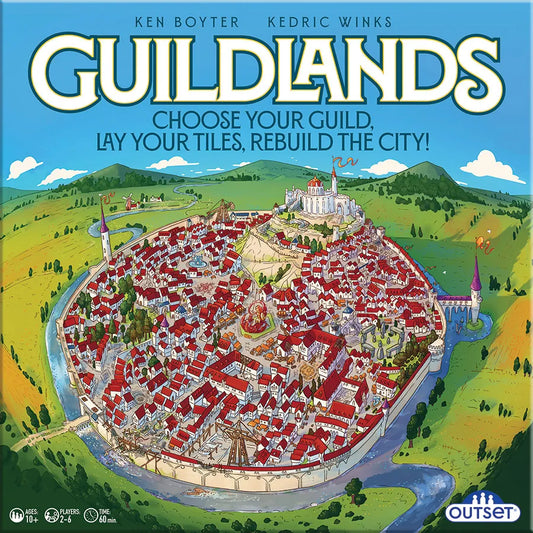 Board game box for 'Guildlands' with a colorful illustration of a town and text on a blue background.