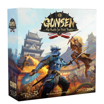 Board game box for 'Gunsen: The Battle for Toshi Rondo' with two samurai figures on a colorful background.