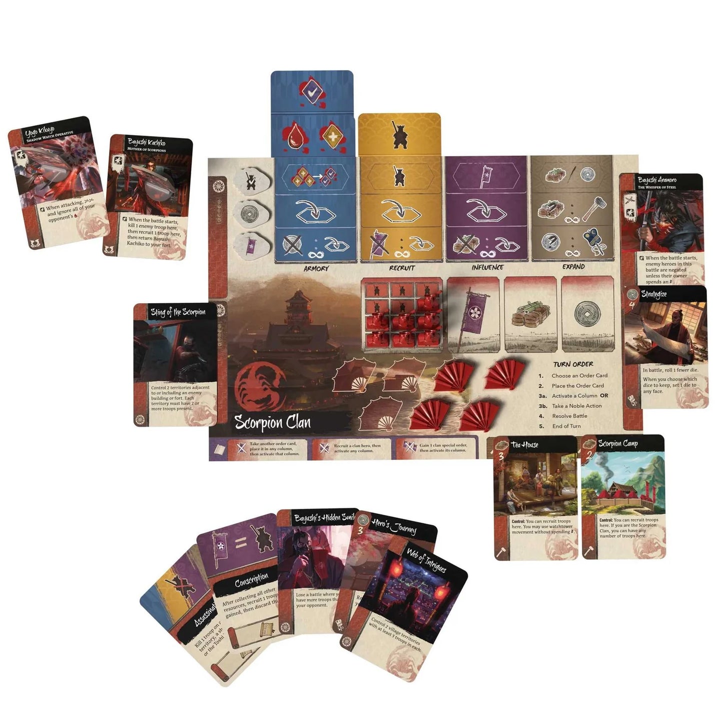 Board game components including cards and a map on a white background