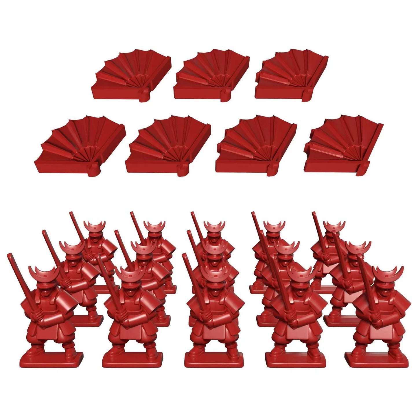 Red toy soldiers and fans on a white background