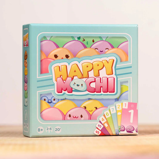 Happy Mochi board game box with colorful design on a light background