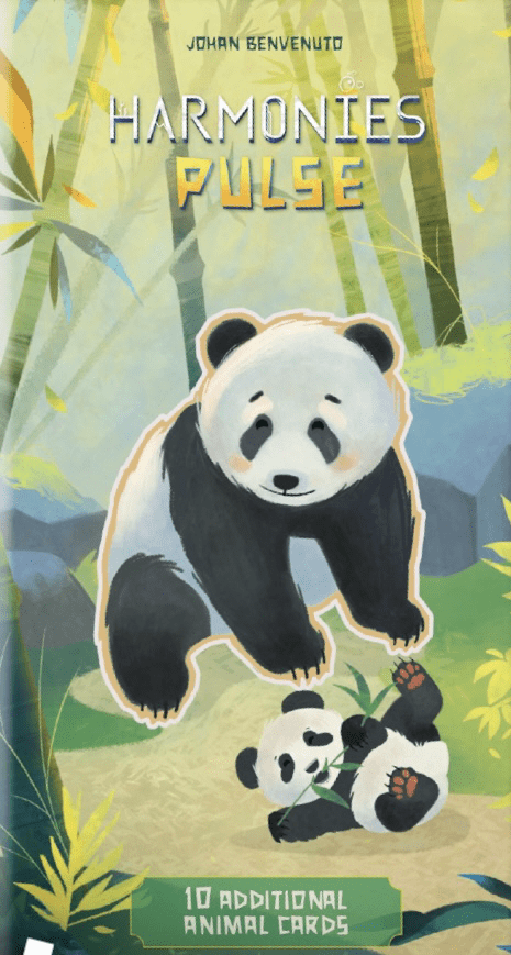 Card with a panda design and text about additional animal cards in a nature-themed background