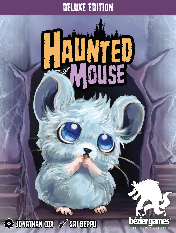 Front cover art for the board game 'Haunted Mouse Deluxe Edition' by Bézier Games. The illustration features a fluffy, pale blue-gray mouse with large blue eyes sitting in a dark, spooky room with cobwebs.