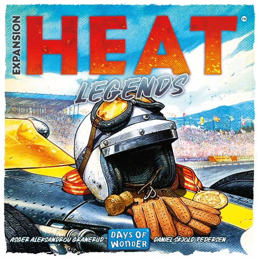 Board game expansion pack for 'HEAT Legends' by Days of Wonder with helmet and car illustration.