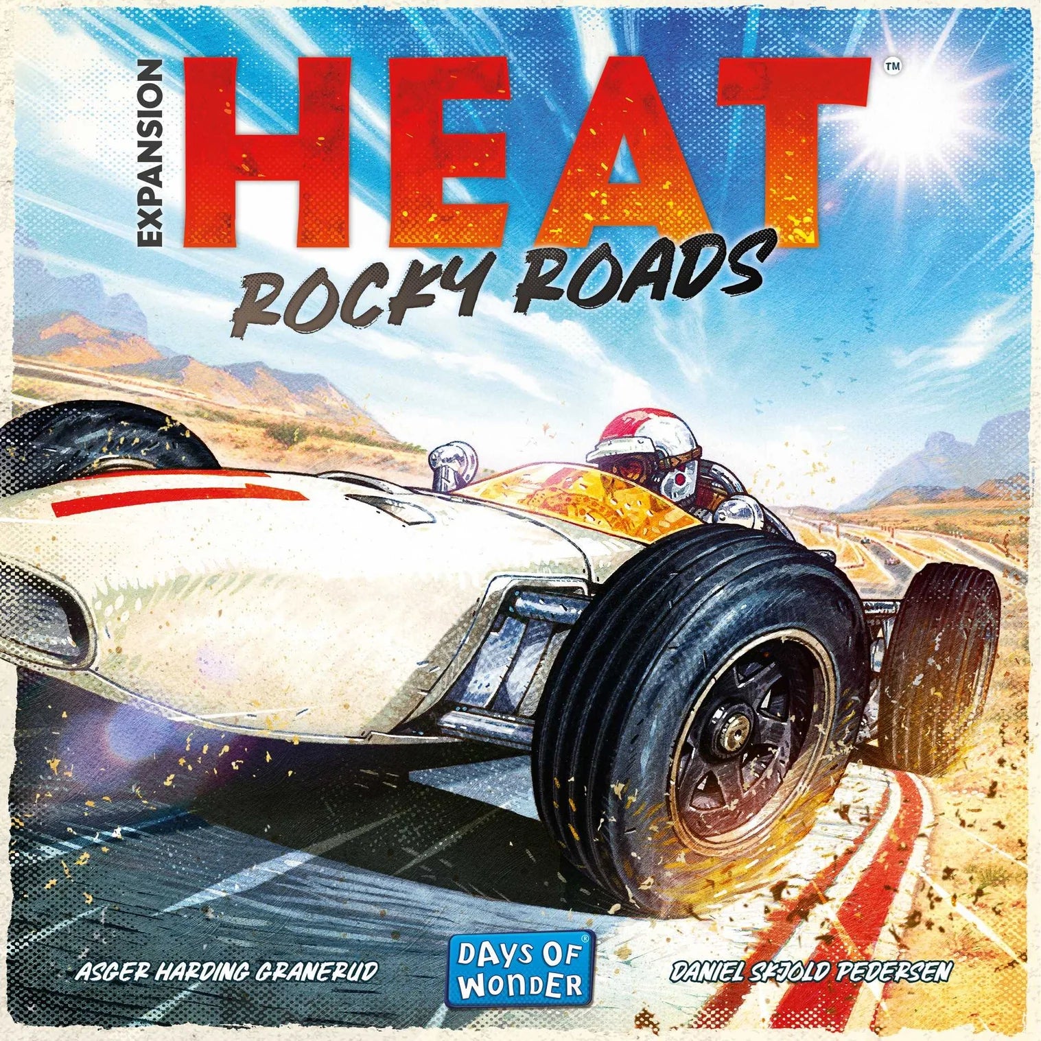Board game expansion pack 'HEAT Rocky Roads' by Days of Wonder with a racing car on a desert road.