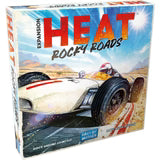 Board game box for 'Heat: Rocky Roads' with a desert scene and racing car illustration.