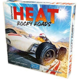 Board game box titled 'Heat: Rocky Roads' with a racing car illustration on a white background